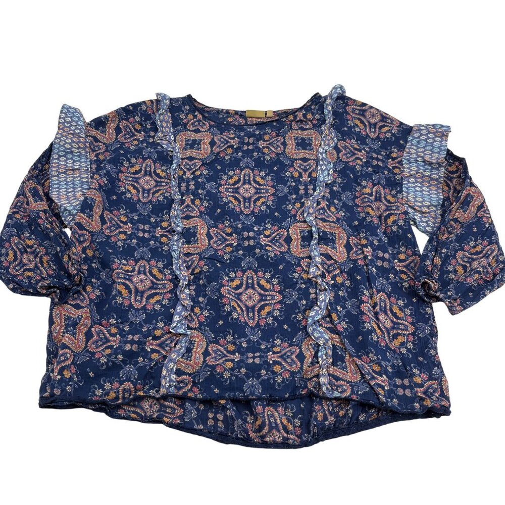 True Craft Women's Boho Blouse size Medium Blue Paisley Cotton 3/4 sleeves